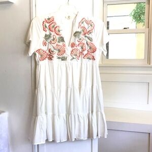 Entro White Mini Dress with Red and Green Embroidery